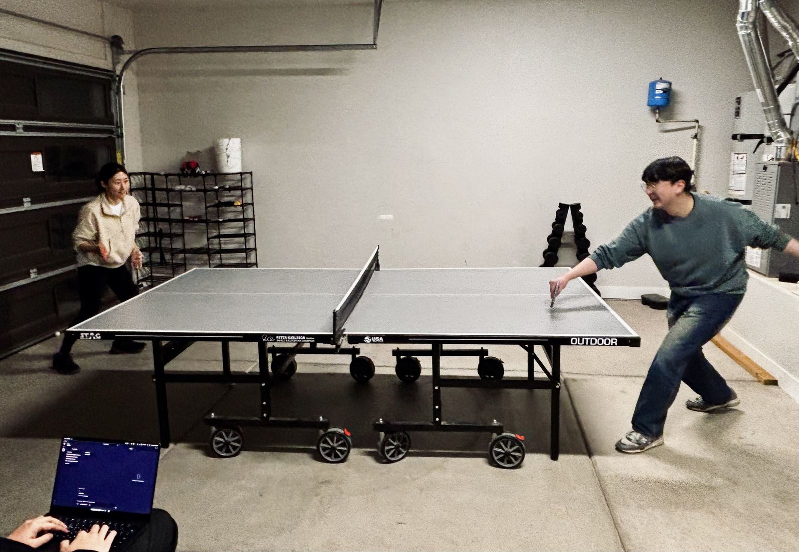 The garage table, settling something