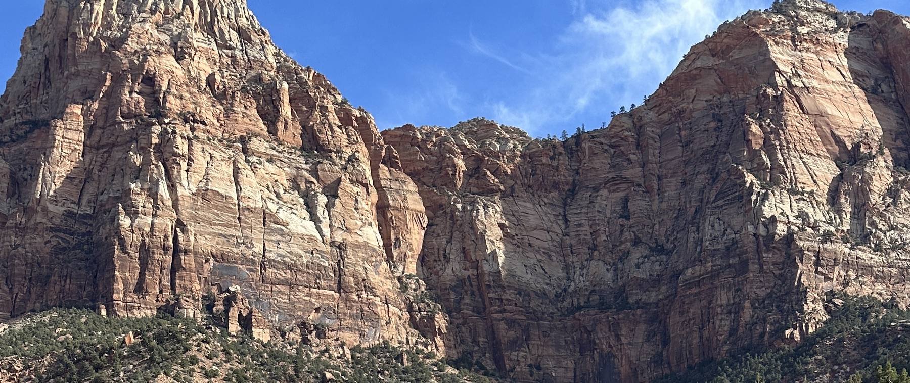 Red rock canyon walls above the road into Zion, southern Utah