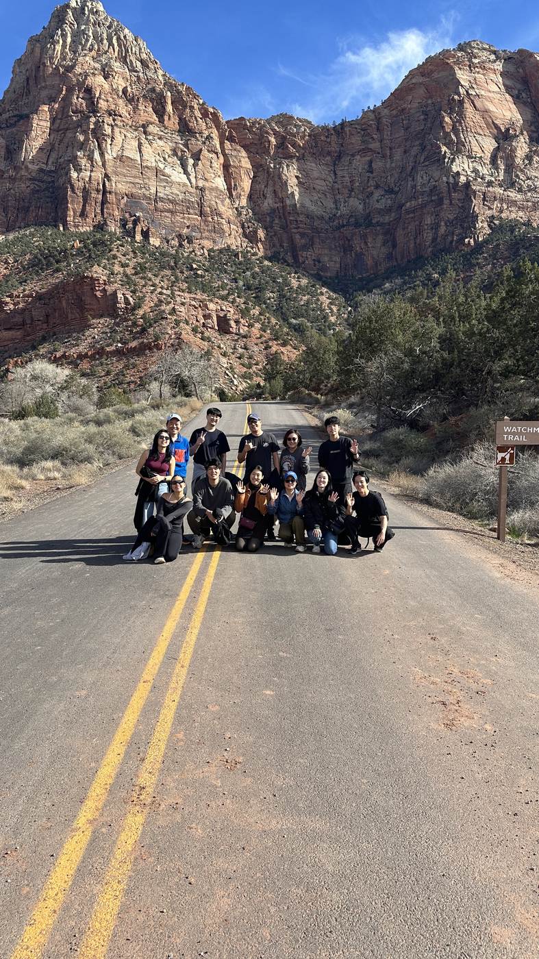 The whole group, on the road below the Watchman